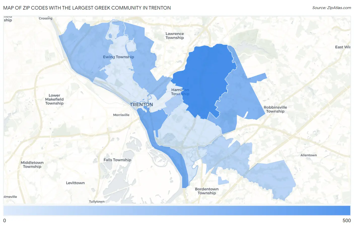 Zip Codes with the Largest Greek Community in Trenton Map