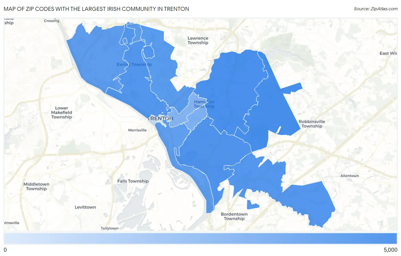 Zip Codes with the Largest Irish Community in Trenton Map