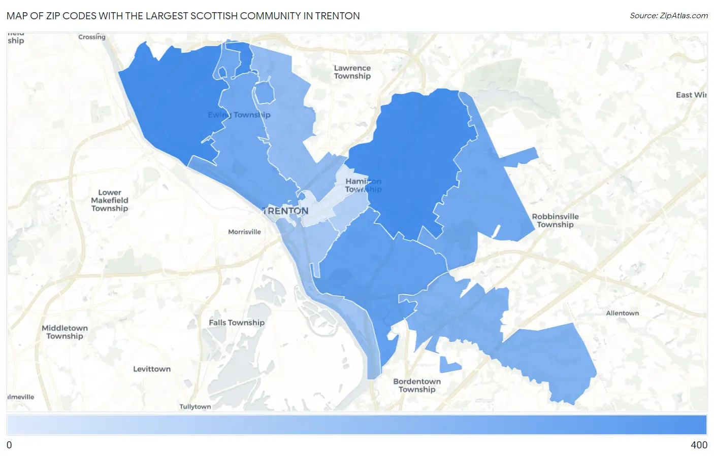 Zip Codes with the Largest Scottish Community in Trenton Map