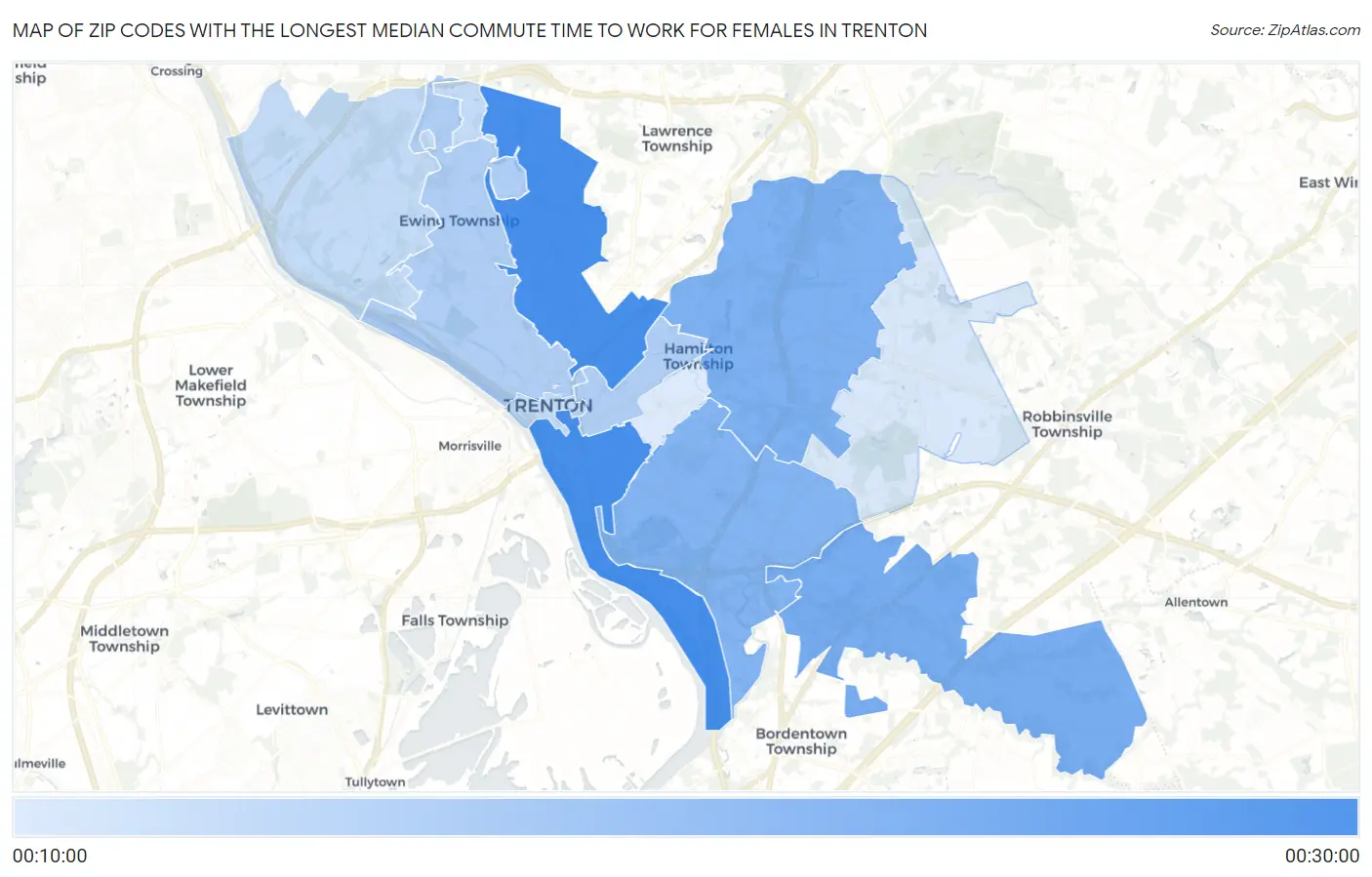 Zip Codes with the Longest Median Commute Time to Work for Females in Trenton Map