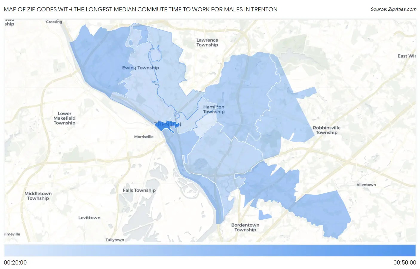 Zip Codes with the Longest Median Commute Time to Work for Males in Trenton Map