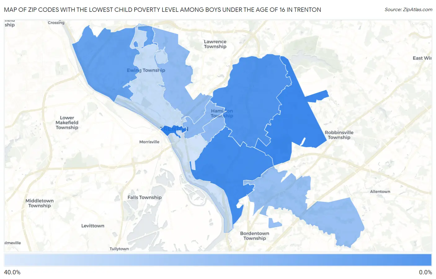 Zip Codes with the Lowest Child Poverty Level Among Boys Under the Age of 16 in Trenton Map