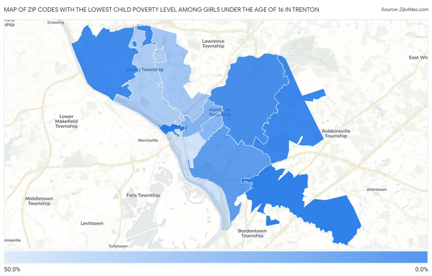Zip Codes with the Lowest Child Poverty Level Among Girls Under the Age of 16 in Trenton Map