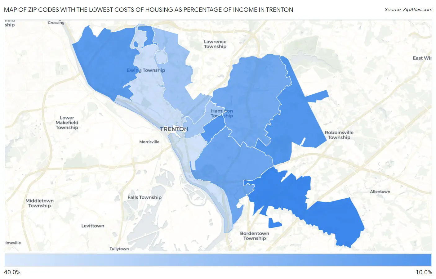 Zip Codes with the Lowest Costs of Housing as Percentage of Income in Trenton Map