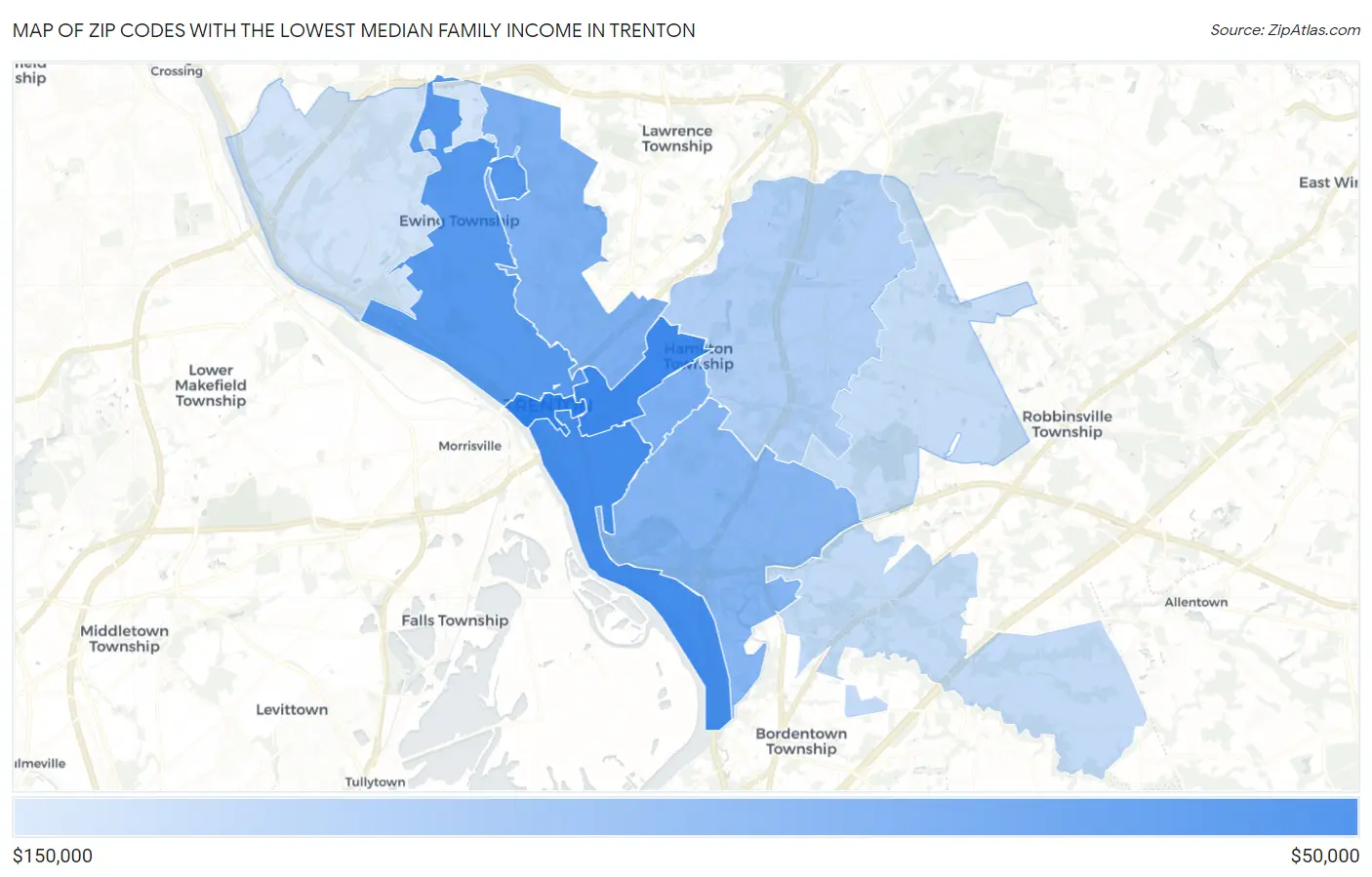 Zip Codes with the Lowest Median Family Income in Trenton Map