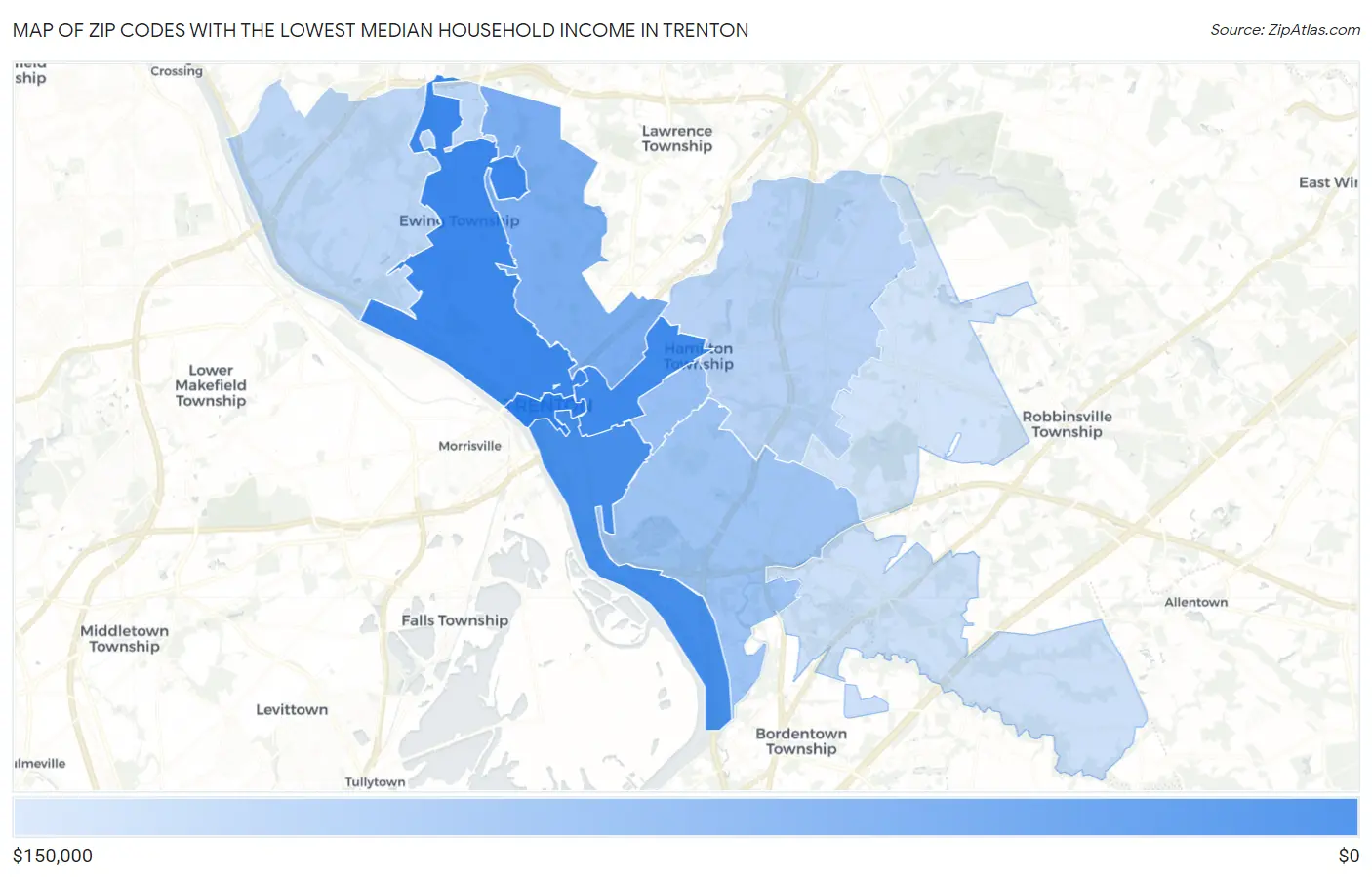 Zip Codes with the Lowest Median Household Income in Trenton Map