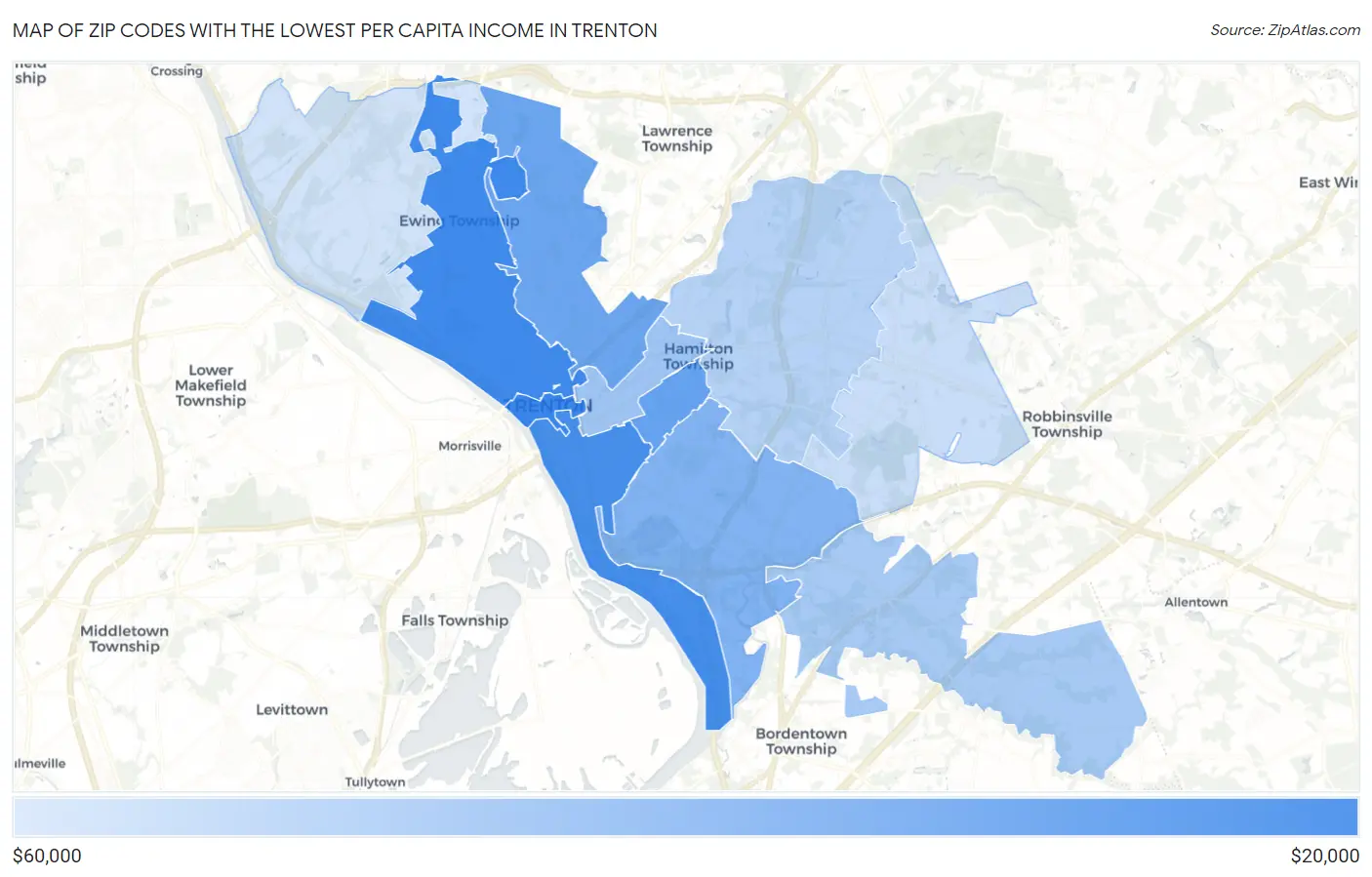 Zip Codes with the Lowest Per Capita Income in Trenton Map