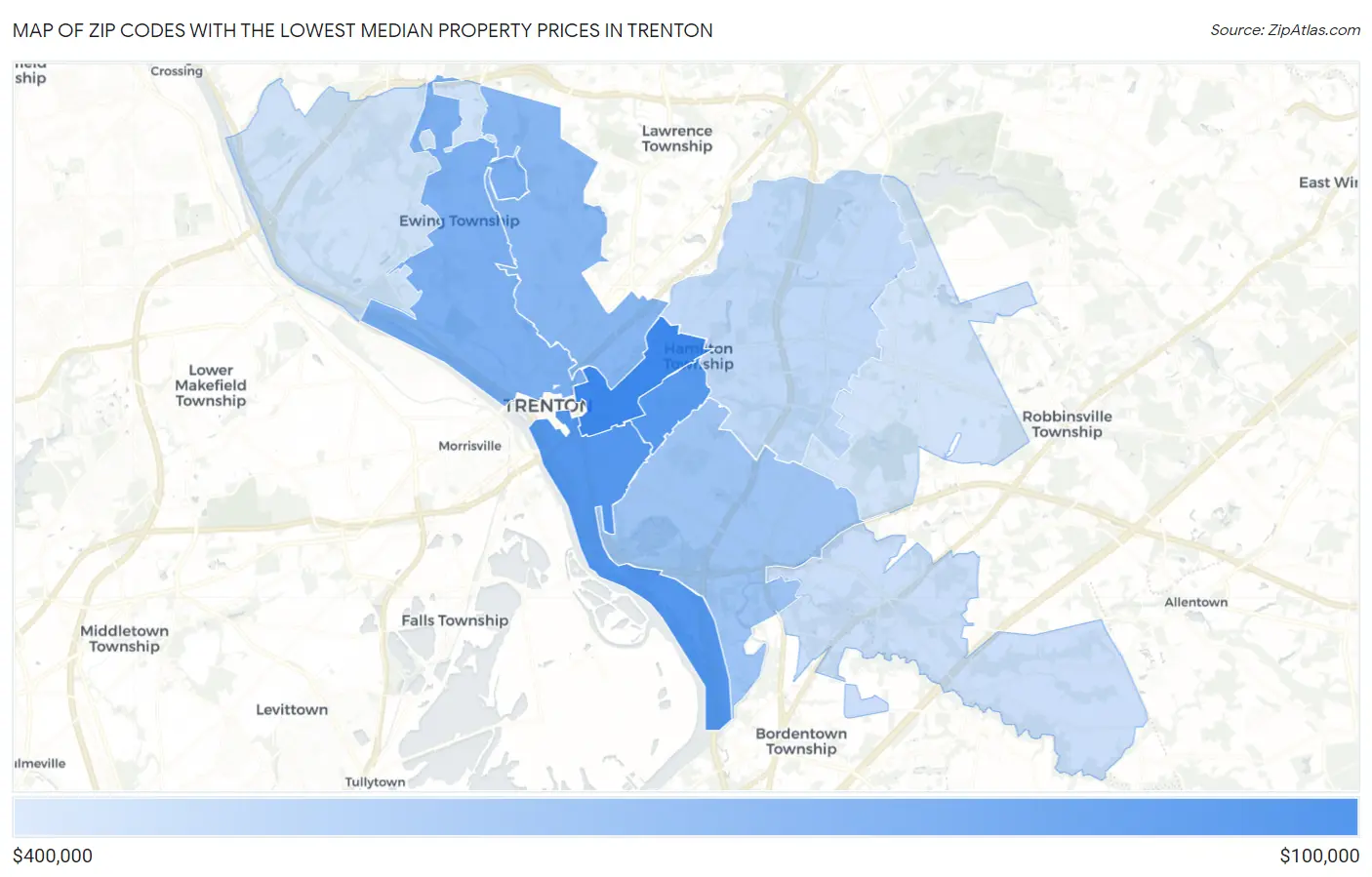 Zip Codes with the Lowest Median Property Prices in Trenton Map