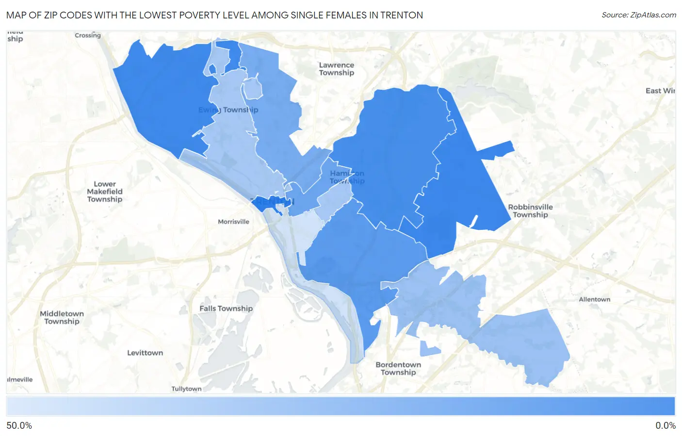 Zip Codes with the Lowest Poverty Level Among Single Females in Trenton Map