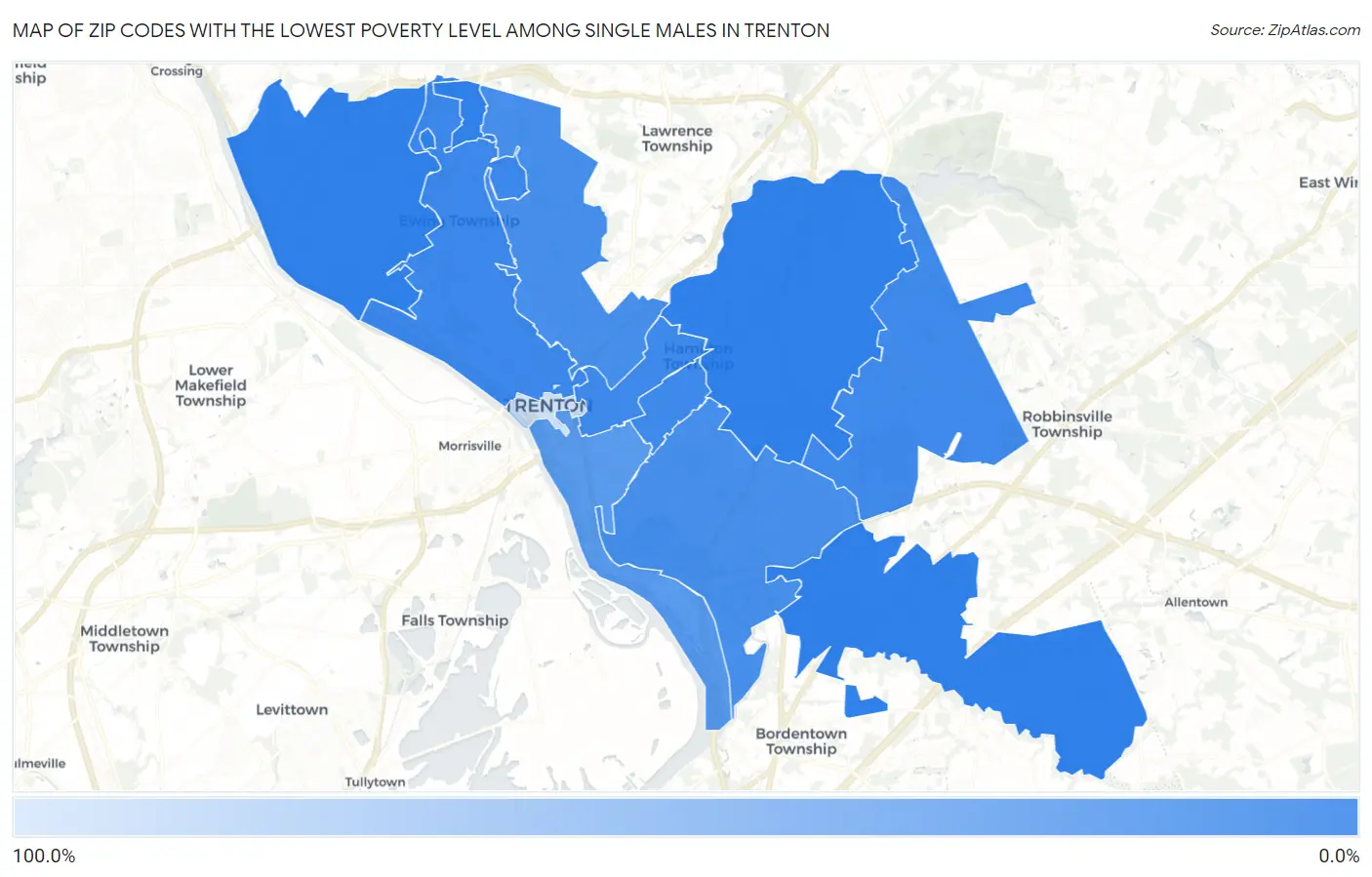 Zip Codes with the Lowest Poverty Level Among Single Males in Trenton Map