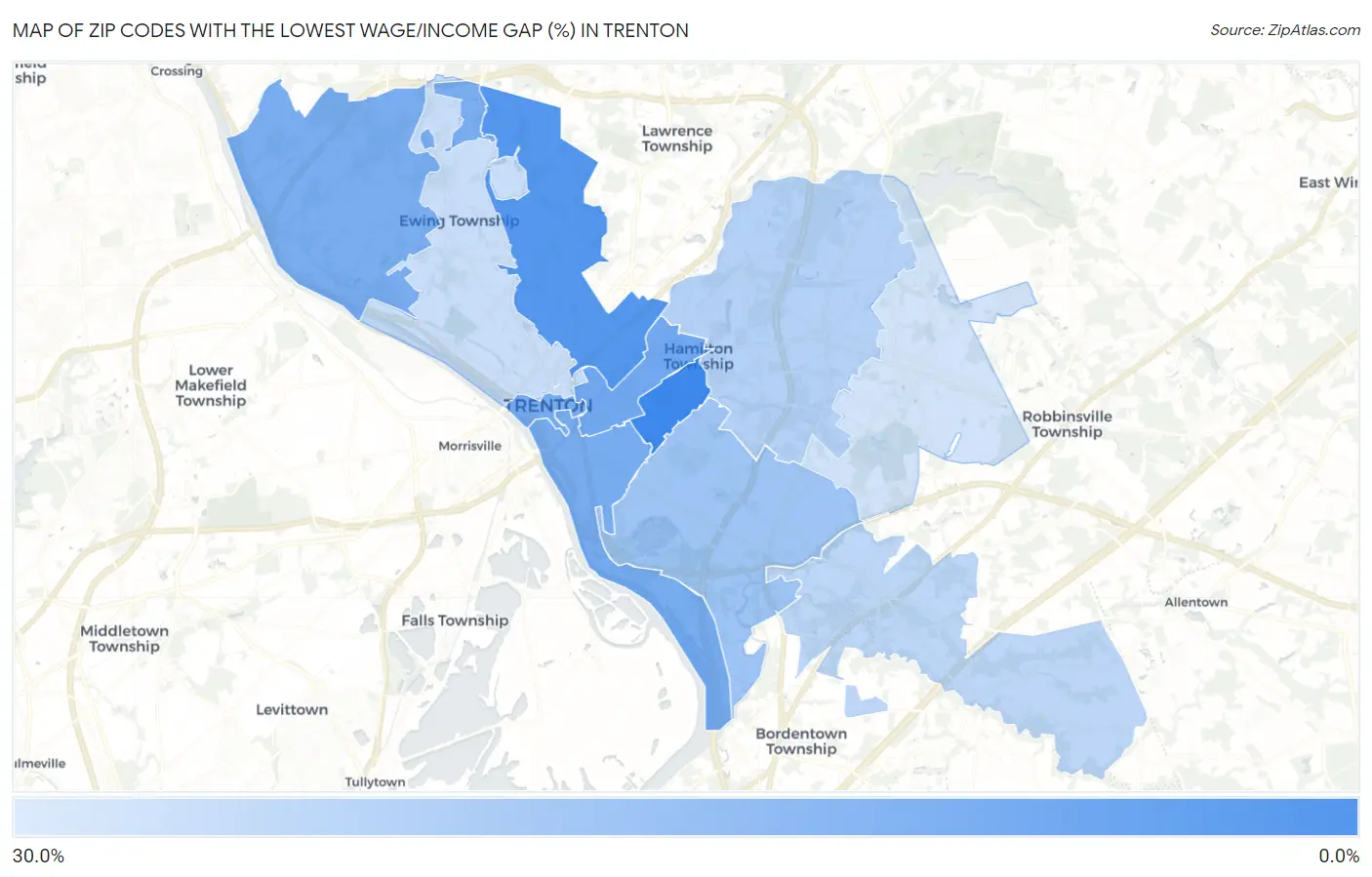 Zip Codes with the Lowest Wage/Income Gap (%) in Trenton Map