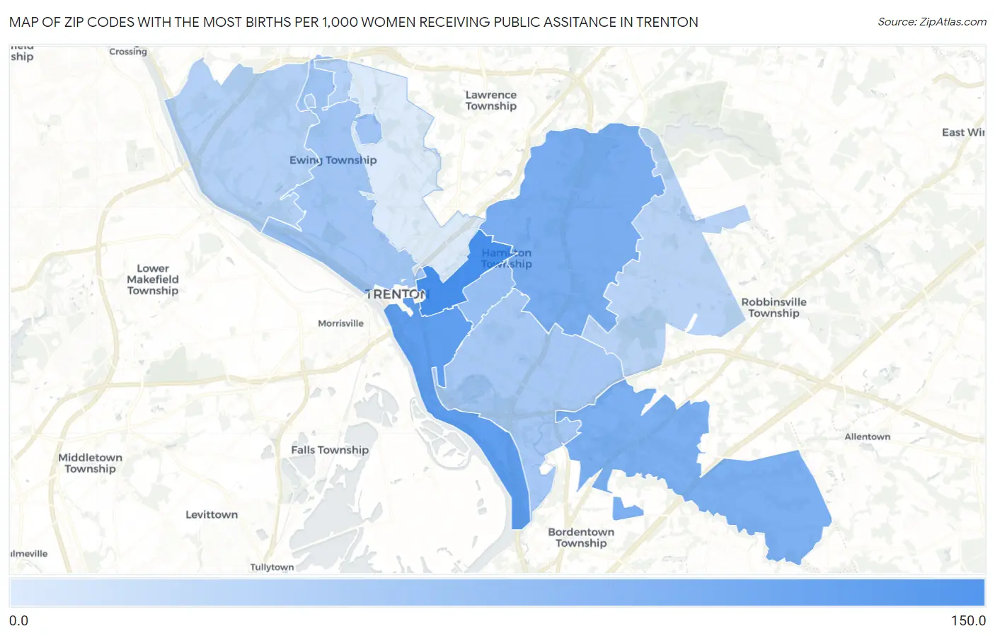 Zip Codes with the Most Births per 1,000 Women Receiving Public Assitance in Trenton Map