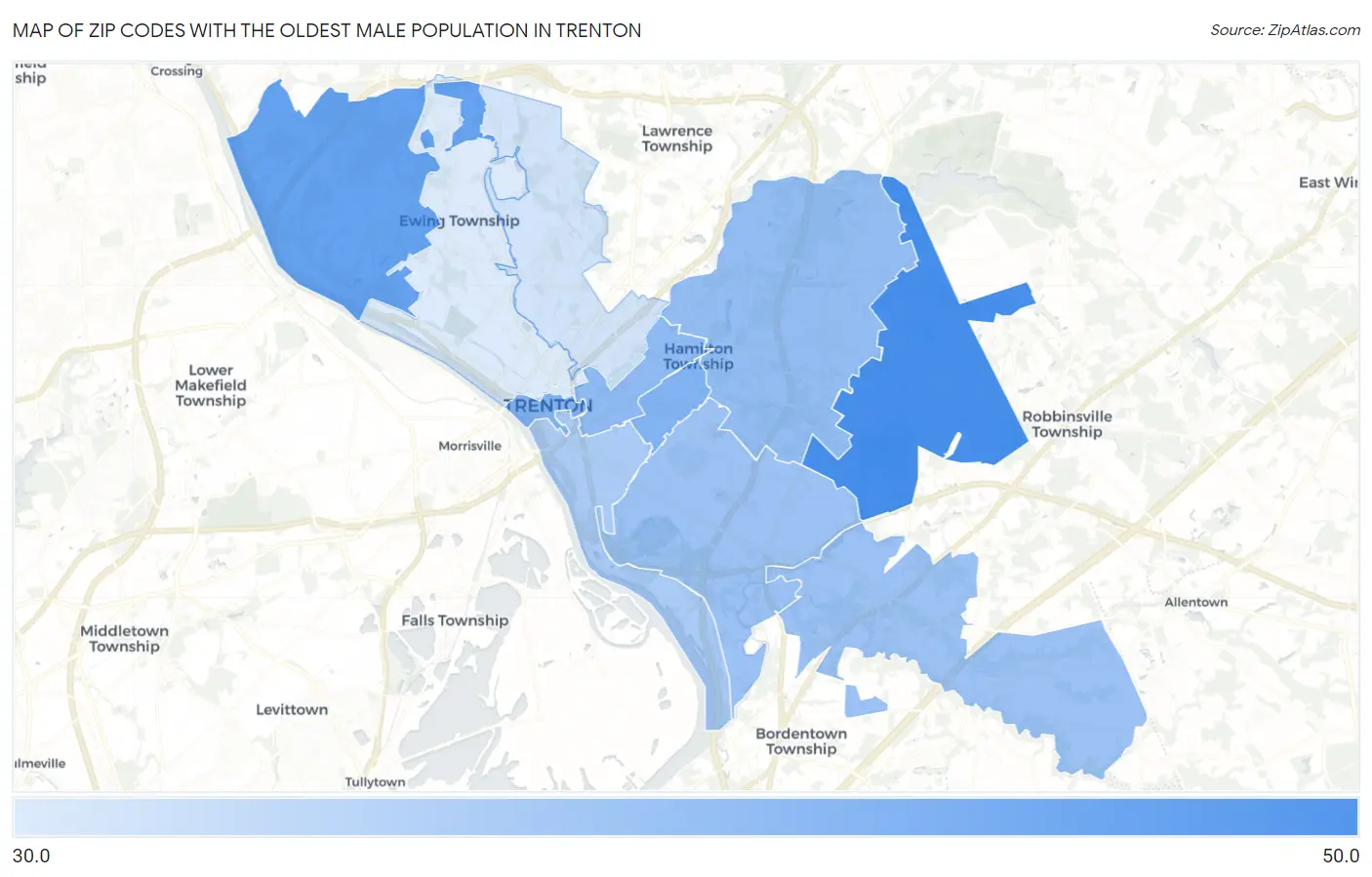 Zip Codes with the Oldest Male Population in Trenton Map