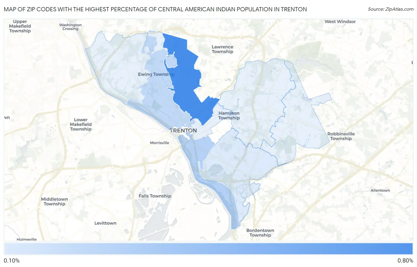 Zip Codes with the Highest Percentage of Central American Indian Population in Trenton Map