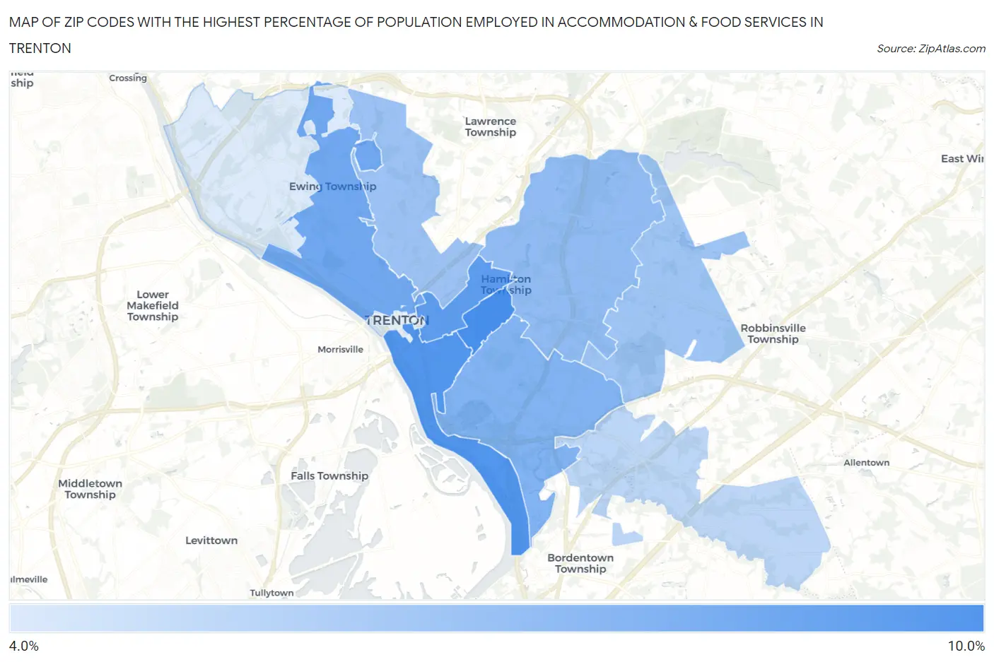 Zip Codes with the Highest Percentage of Population Employed in Accommodation & Food Services in Trenton Map