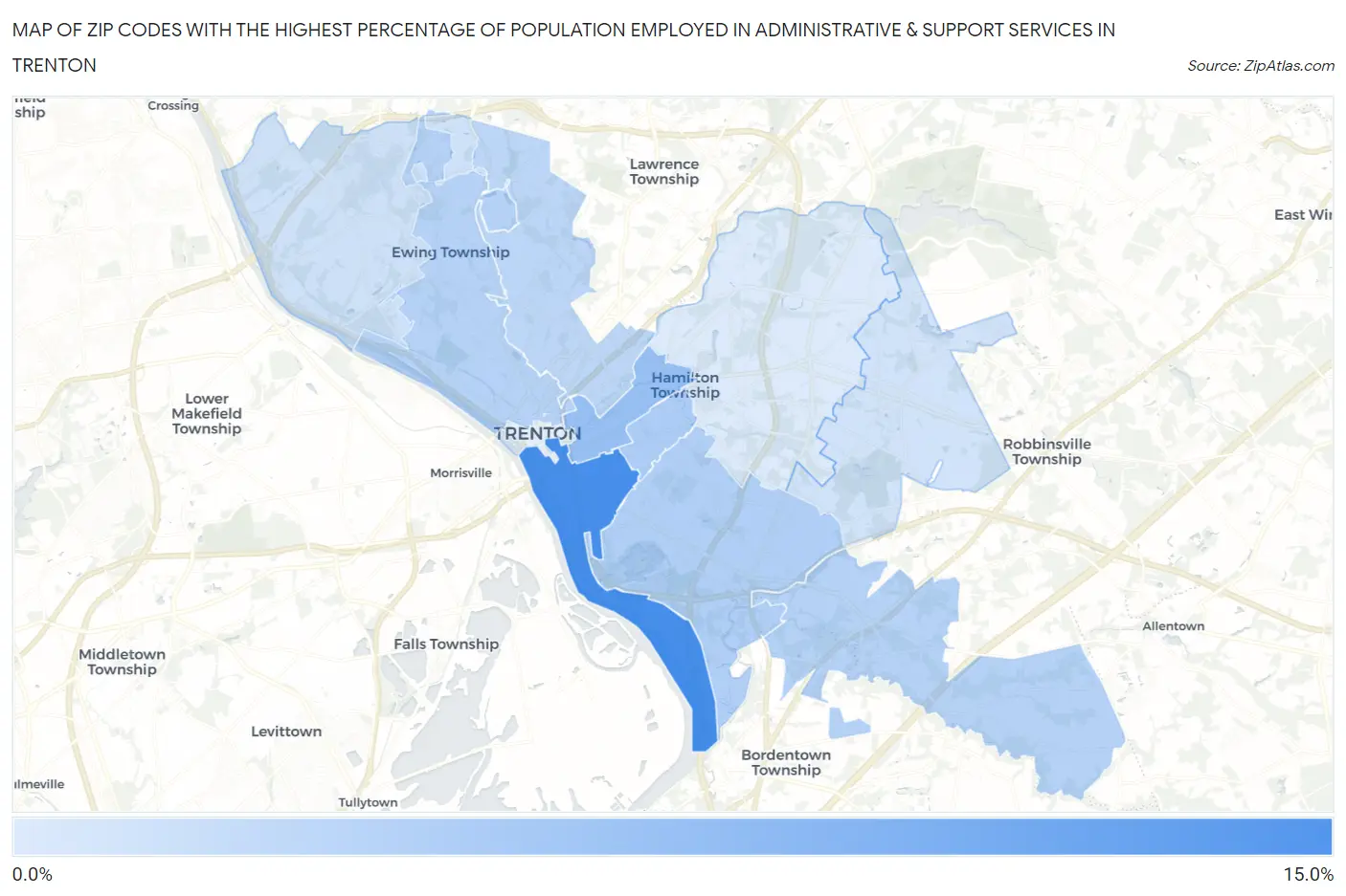 Zip Codes with the Highest Percentage of Population Employed in Administrative & Support Services in Trenton Map
