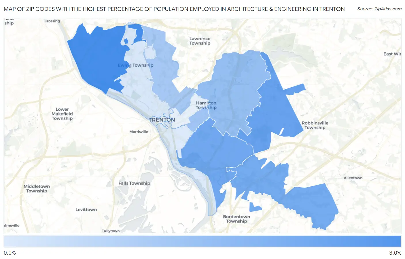 Zip Codes with the Highest Percentage of Population Employed in Architecture & Engineering in Trenton Map