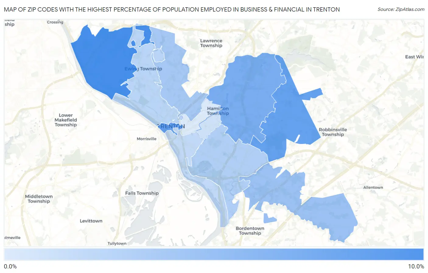Zip Codes with the Highest Percentage of Population Employed in Business & Financial in Trenton Map