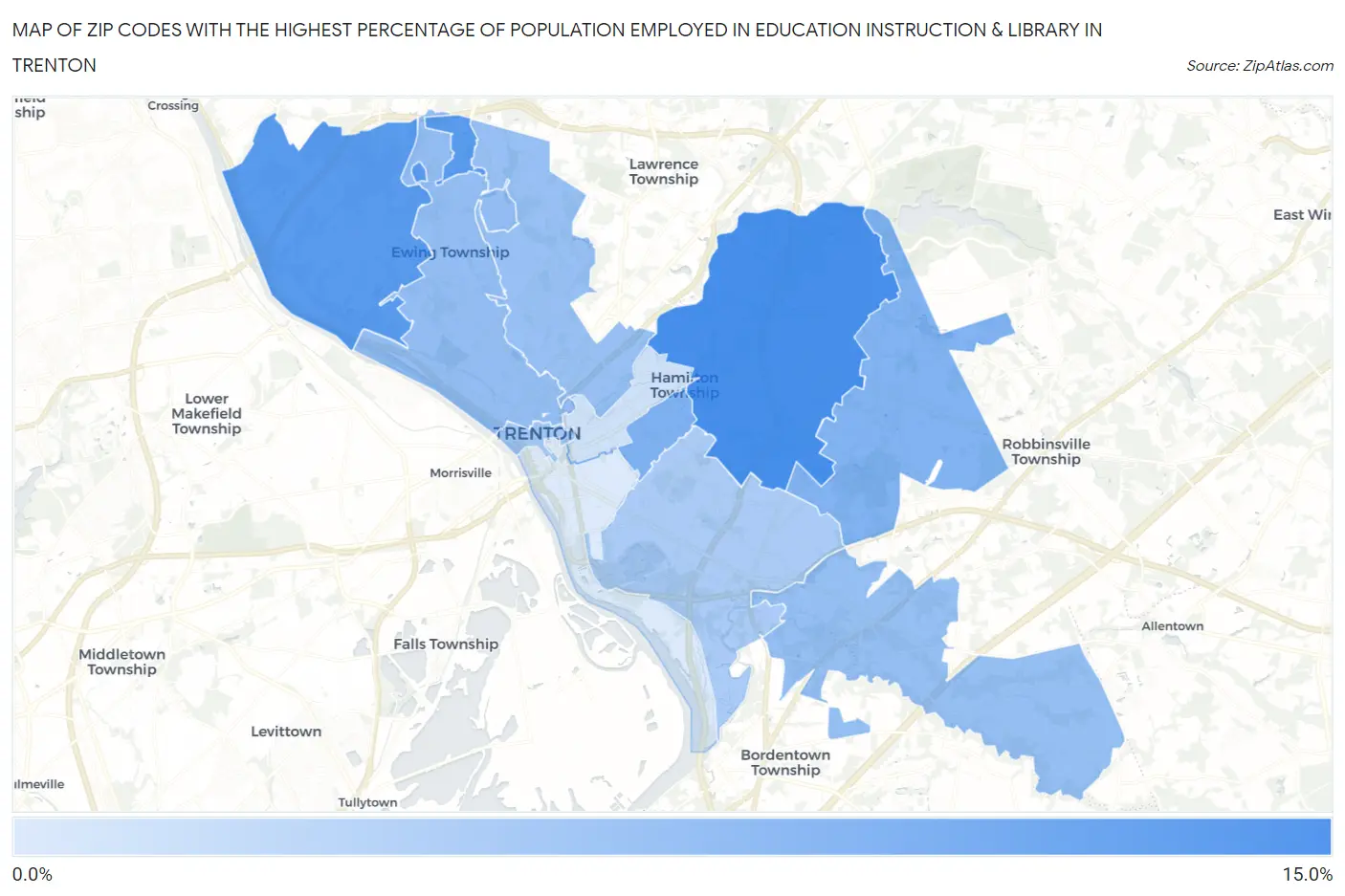 Zip Codes with the Highest Percentage of Population Employed in Education Instruction & Library in Trenton Map