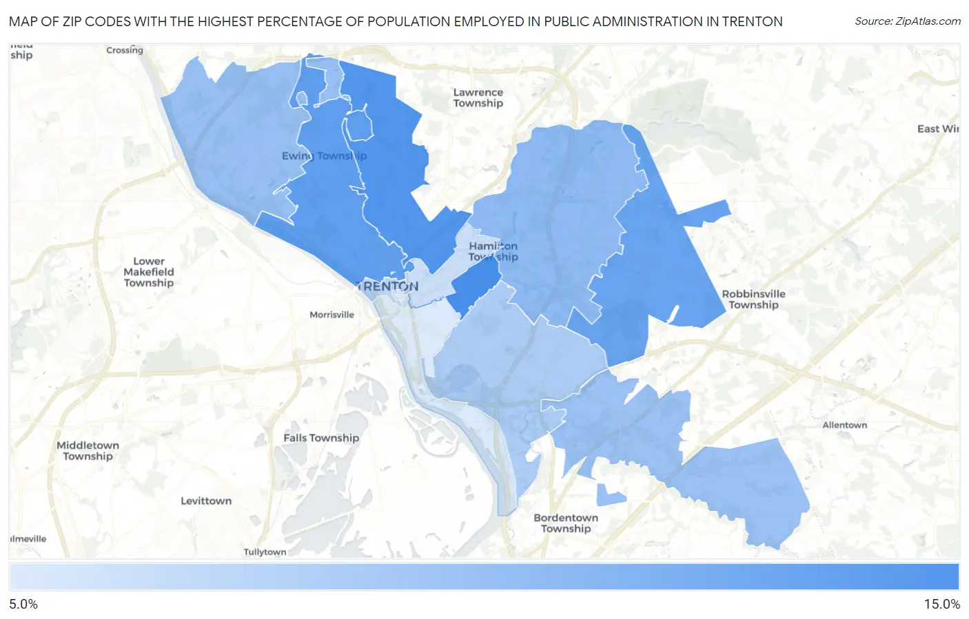 Zip Codes with the Highest Percentage of Population Employed in Public Administration in Trenton Map