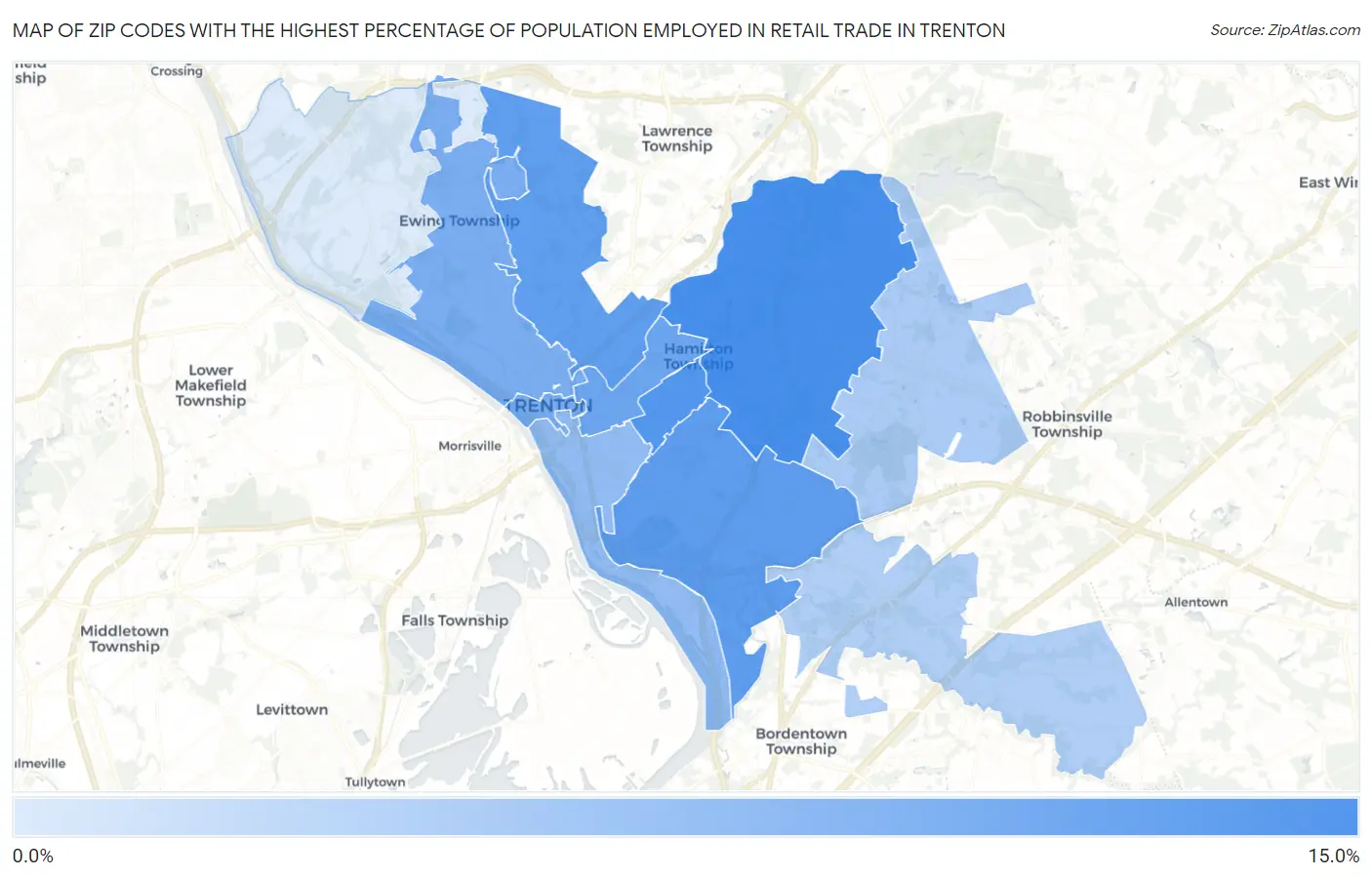 Zip Codes with the Highest Percentage of Population Employed in Retail Trade in Trenton Map