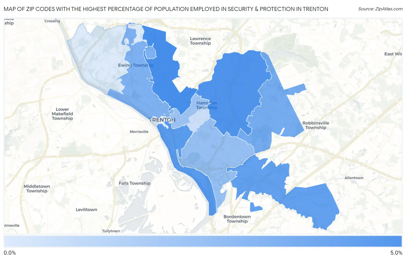 Zip Codes with the Highest Percentage of Population Employed in Security & Protection in Trenton Map