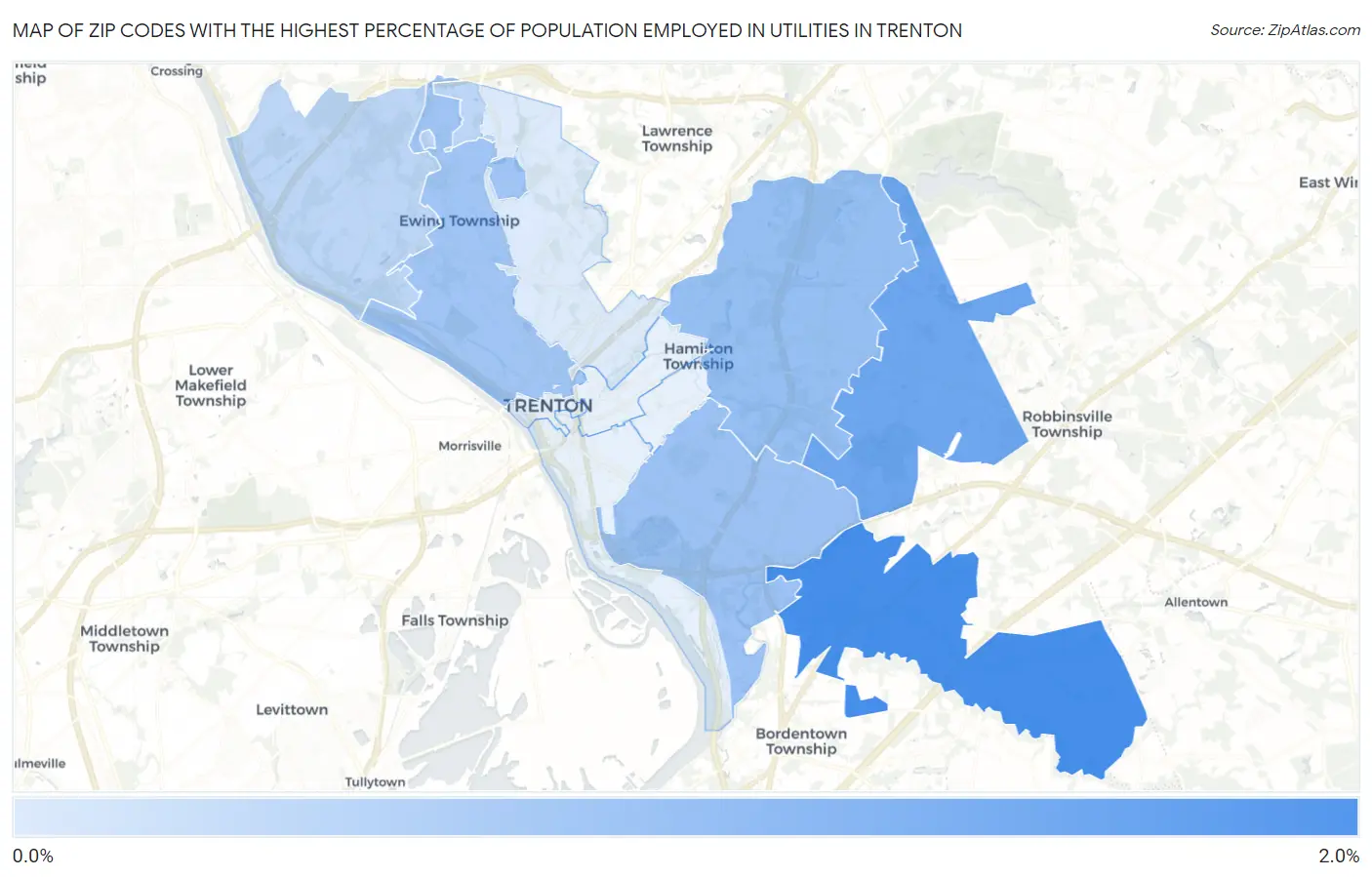 Zip Codes with the Highest Percentage of Population Employed in Utilities in Trenton Map