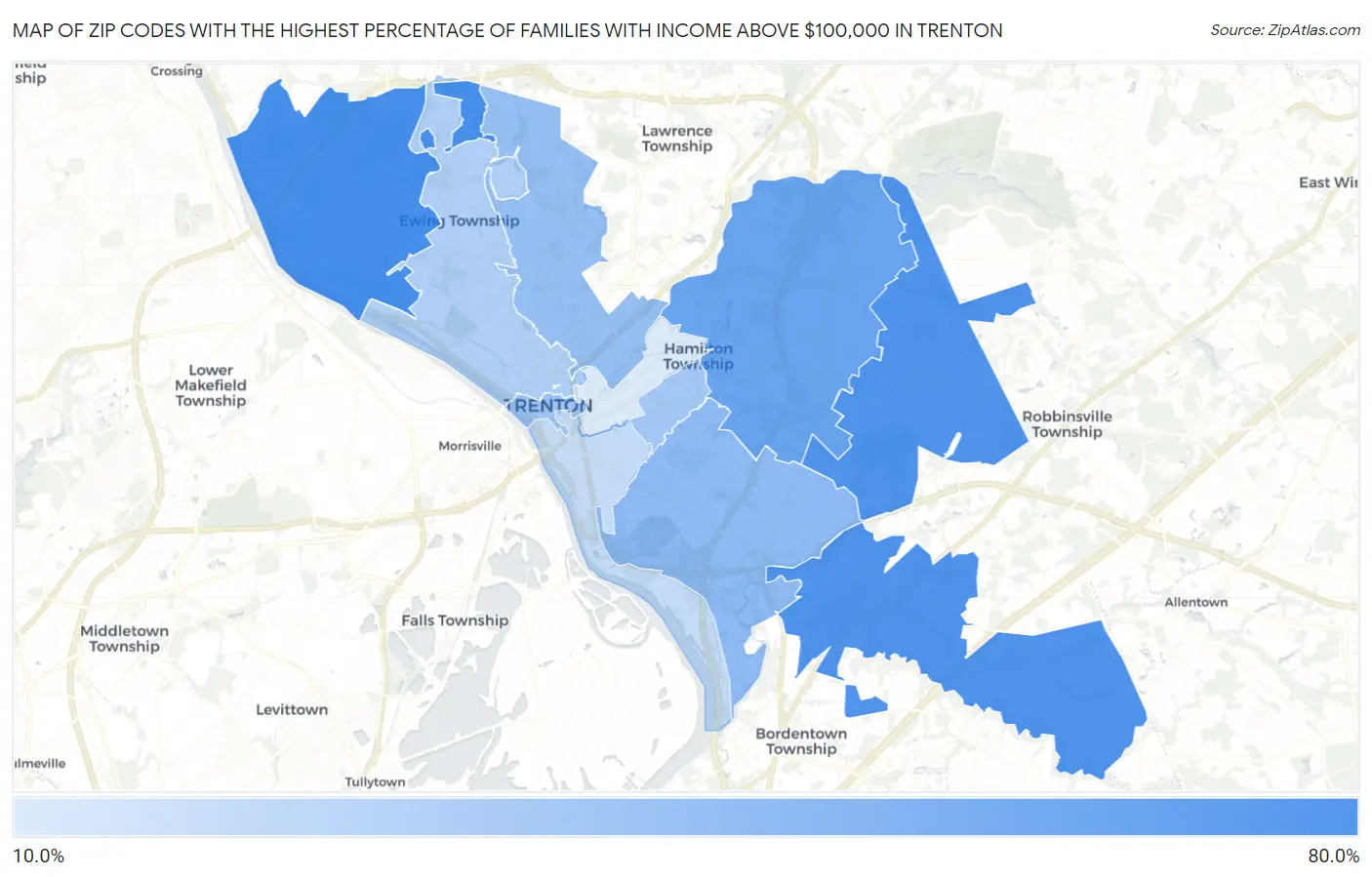 Zip Codes with the Highest Percentage of Families with Income Above $100,000 in Trenton Map