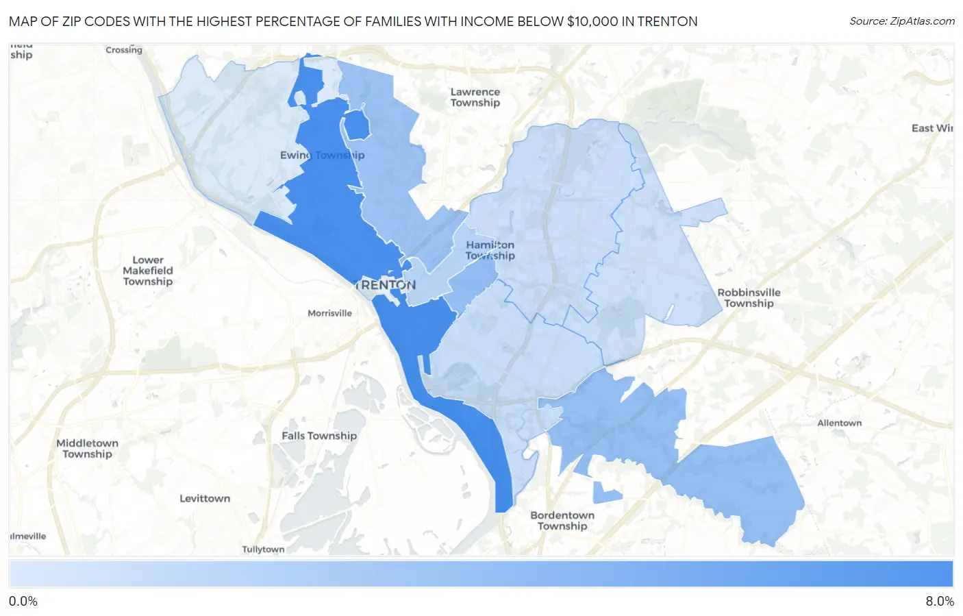 Zip Codes with the Highest Percentage of Families with Income Below $10,000 in Trenton Map
