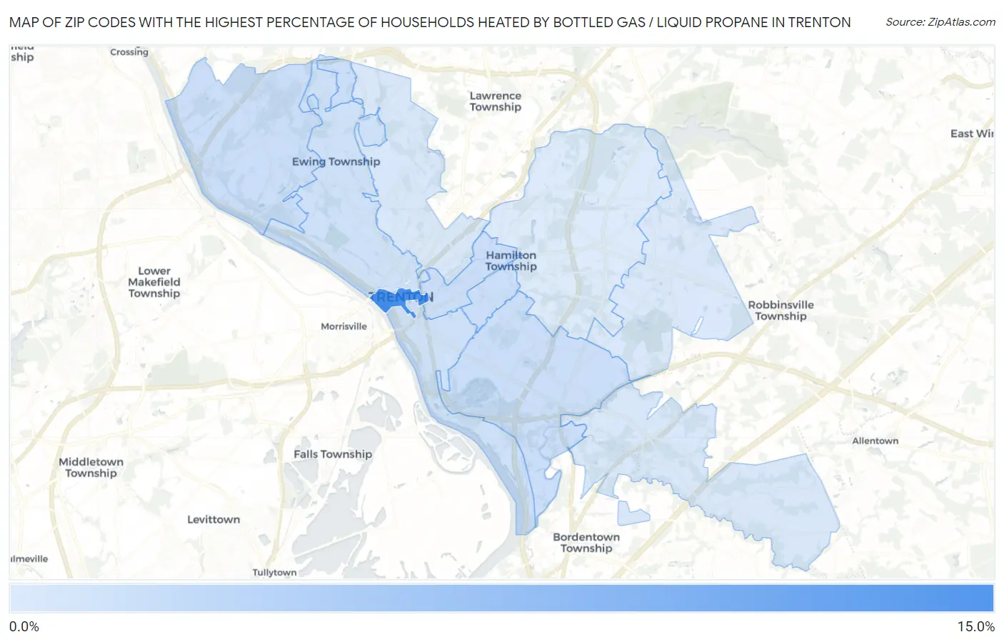 Zip Codes with the Highest Percentage of Households Heated by Bottled Gas / Liquid Propane in Trenton Map