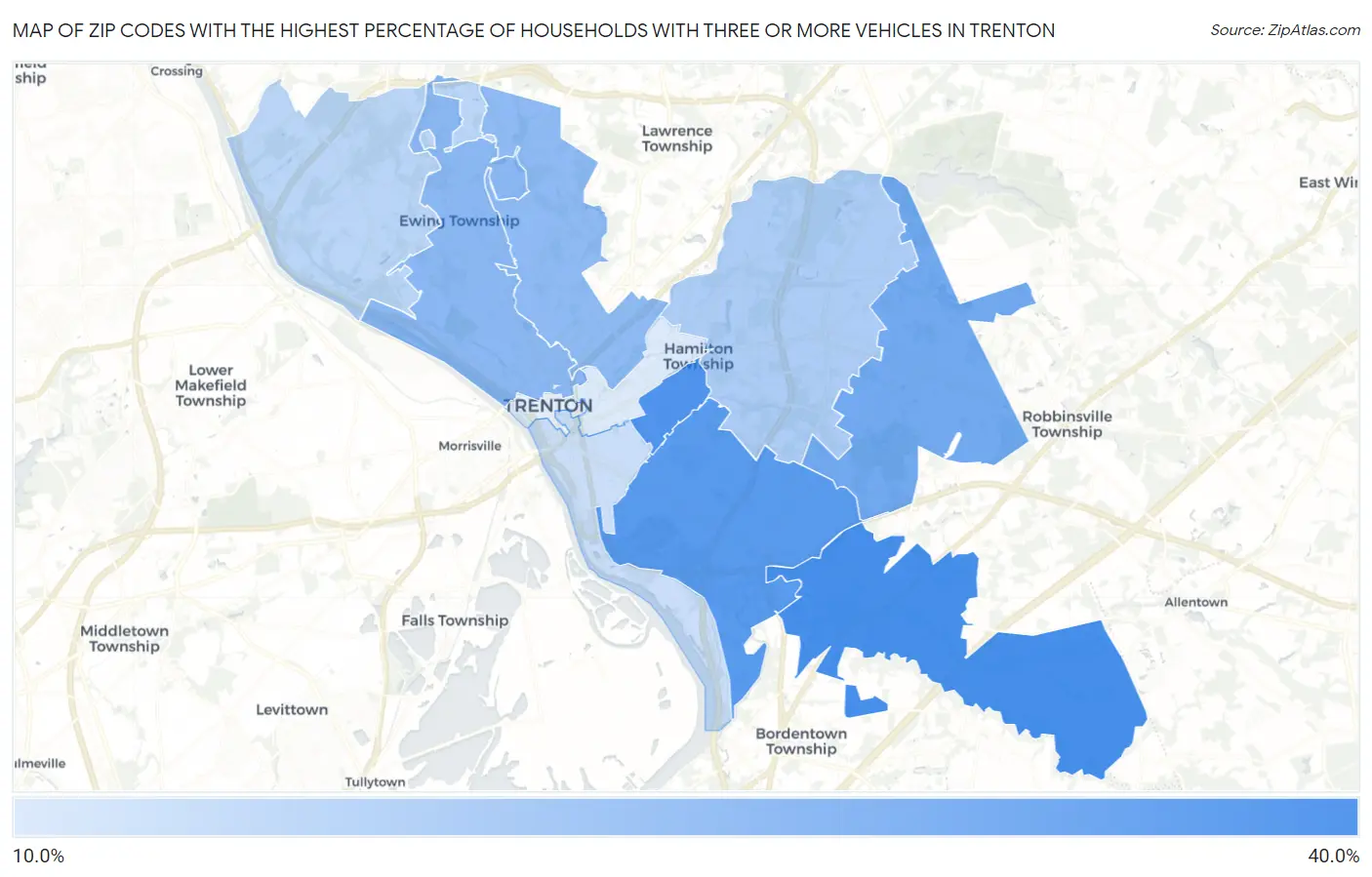 Zip Codes with the Highest Percentage of Households With Three or more Vehicles in Trenton Map