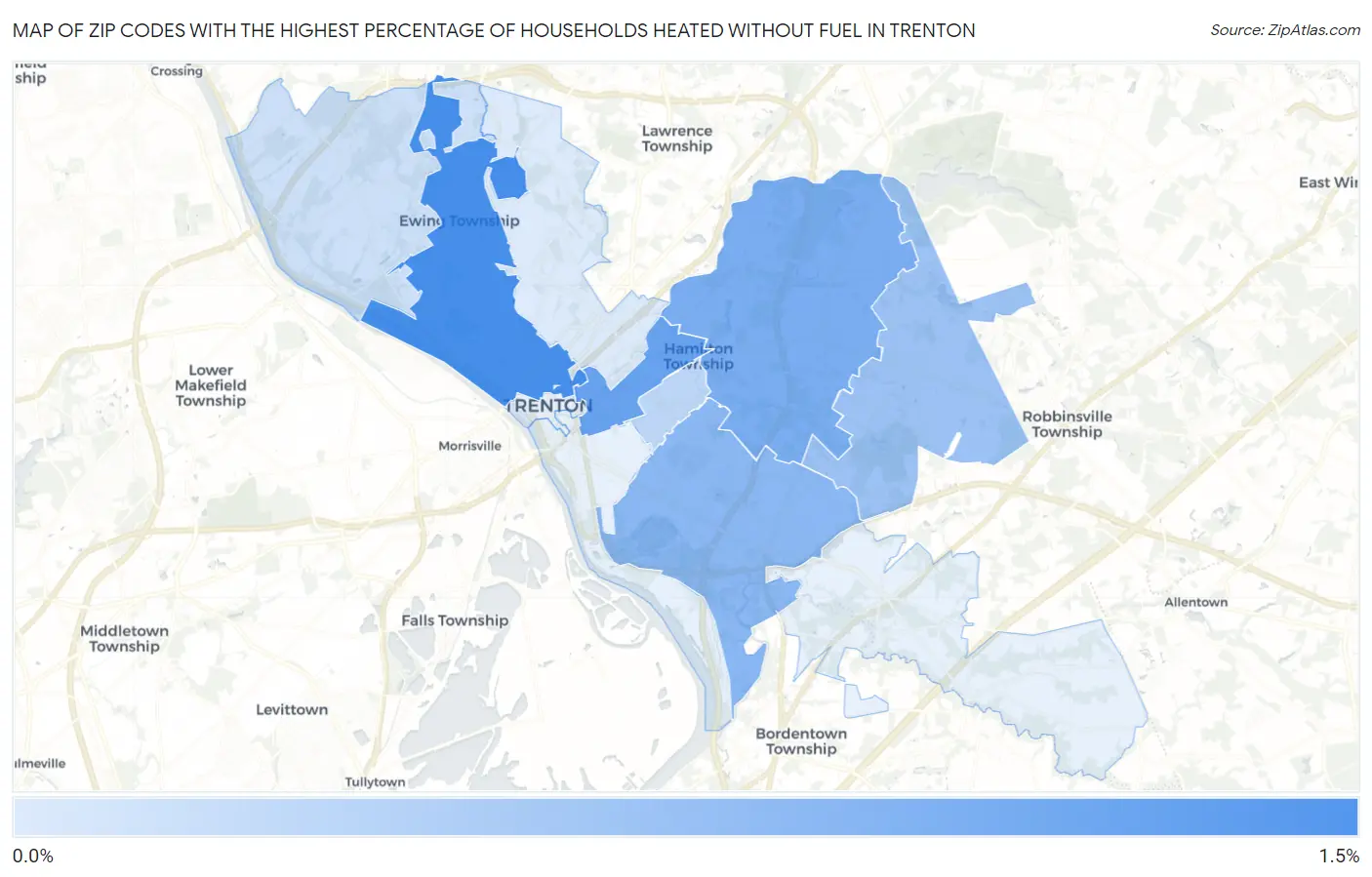 Zip Codes with the Highest Percentage of Households Heated without Fuel in Trenton Map