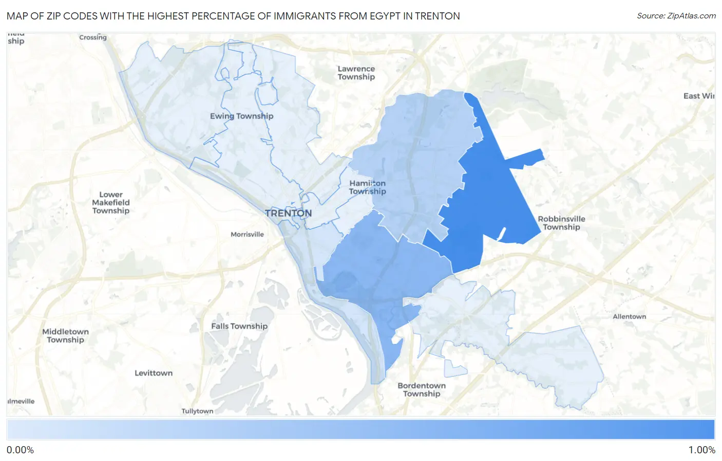 Zip Codes with the Highest Percentage of Immigrants from Egypt in Trenton Map