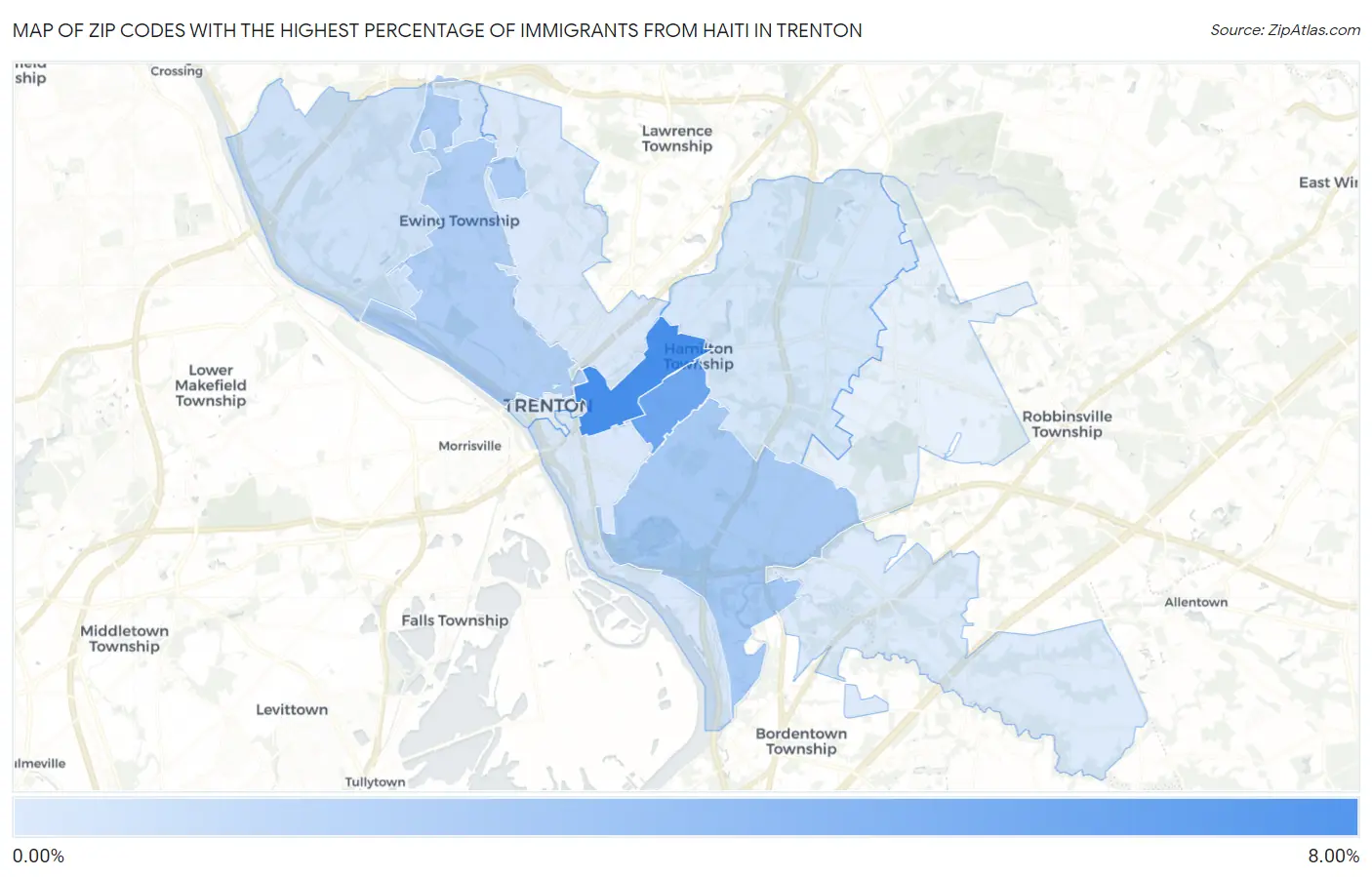 Zip Codes with the Highest Percentage of Immigrants from Haiti in Trenton Map
