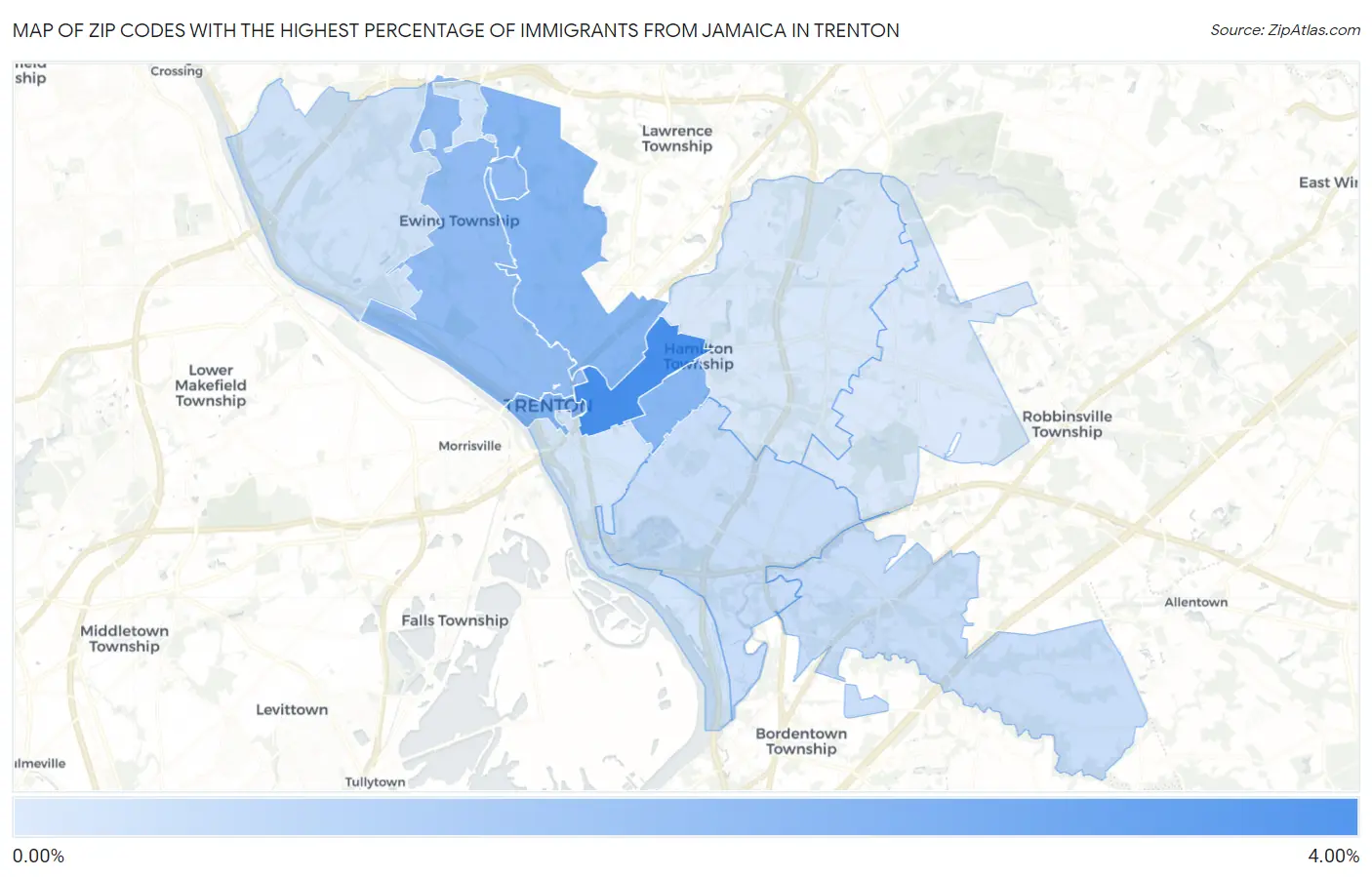 Zip Codes with the Highest Percentage of Immigrants from Jamaica in Trenton Map