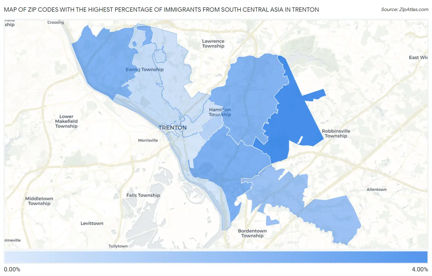 Zip Codes with the Highest Percentage of Immigrants from South Central Asia in Trenton Map