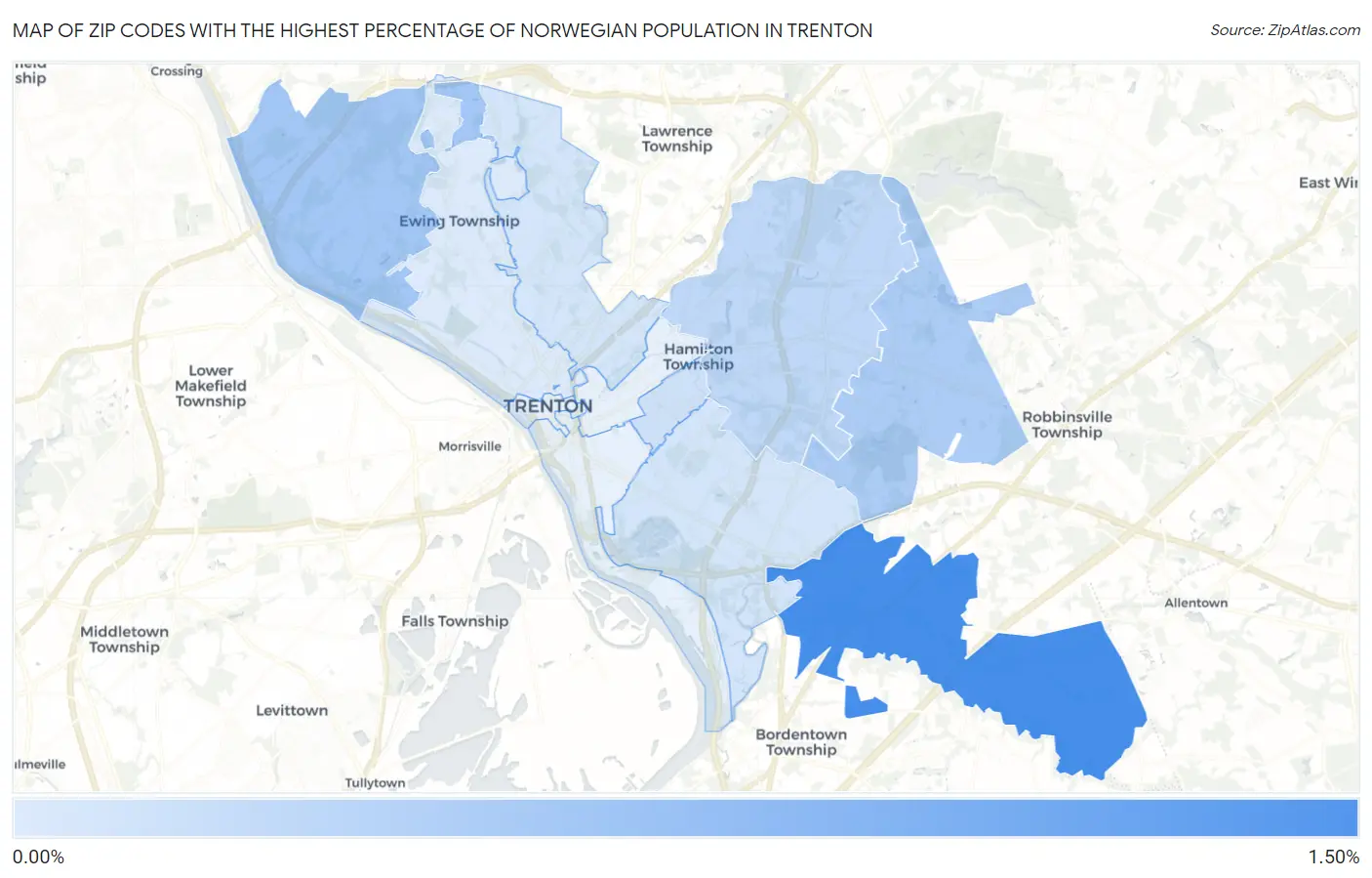 Zip Codes with the Highest Percentage of Norwegian Population in Trenton Map