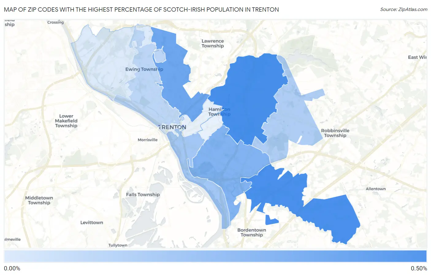 Zip Codes with the Highest Percentage of Scotch-Irish Population in Trenton Map