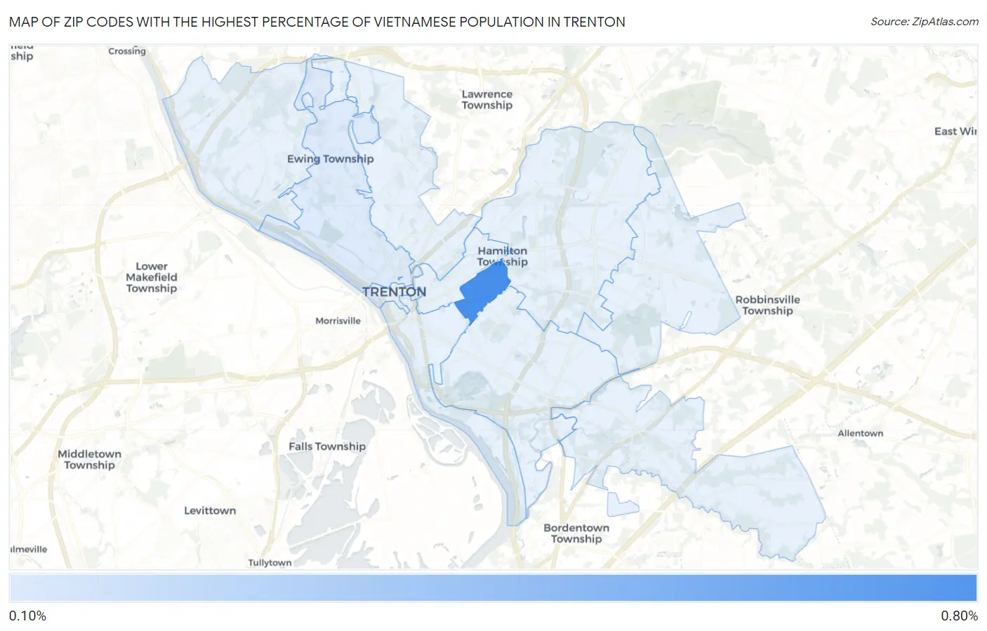 Zip Codes with the Highest Percentage of Vietnamese Population in Trenton Map