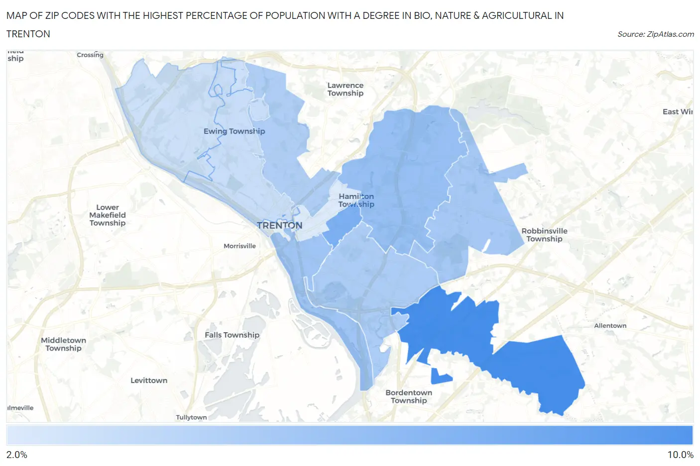 Zip Codes with the Highest Percentage of Population with a Degree in Bio, Nature & Agricultural in Trenton Map
