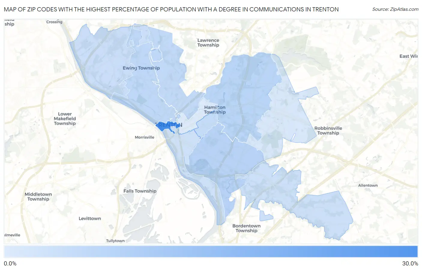 Zip Codes with the Highest Percentage of Population with a Degree in Communications in Trenton Map