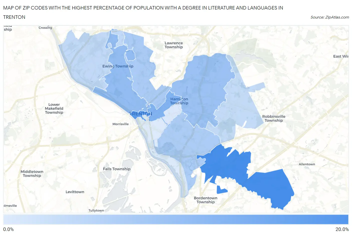 Zip Codes with the Highest Percentage of Population with a Degree in Literature and Languages in Trenton Map