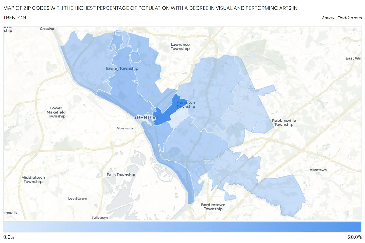 Zip Codes with the Highest Percentage of Population with a Degree in Visual and Performing Arts in Trenton Map