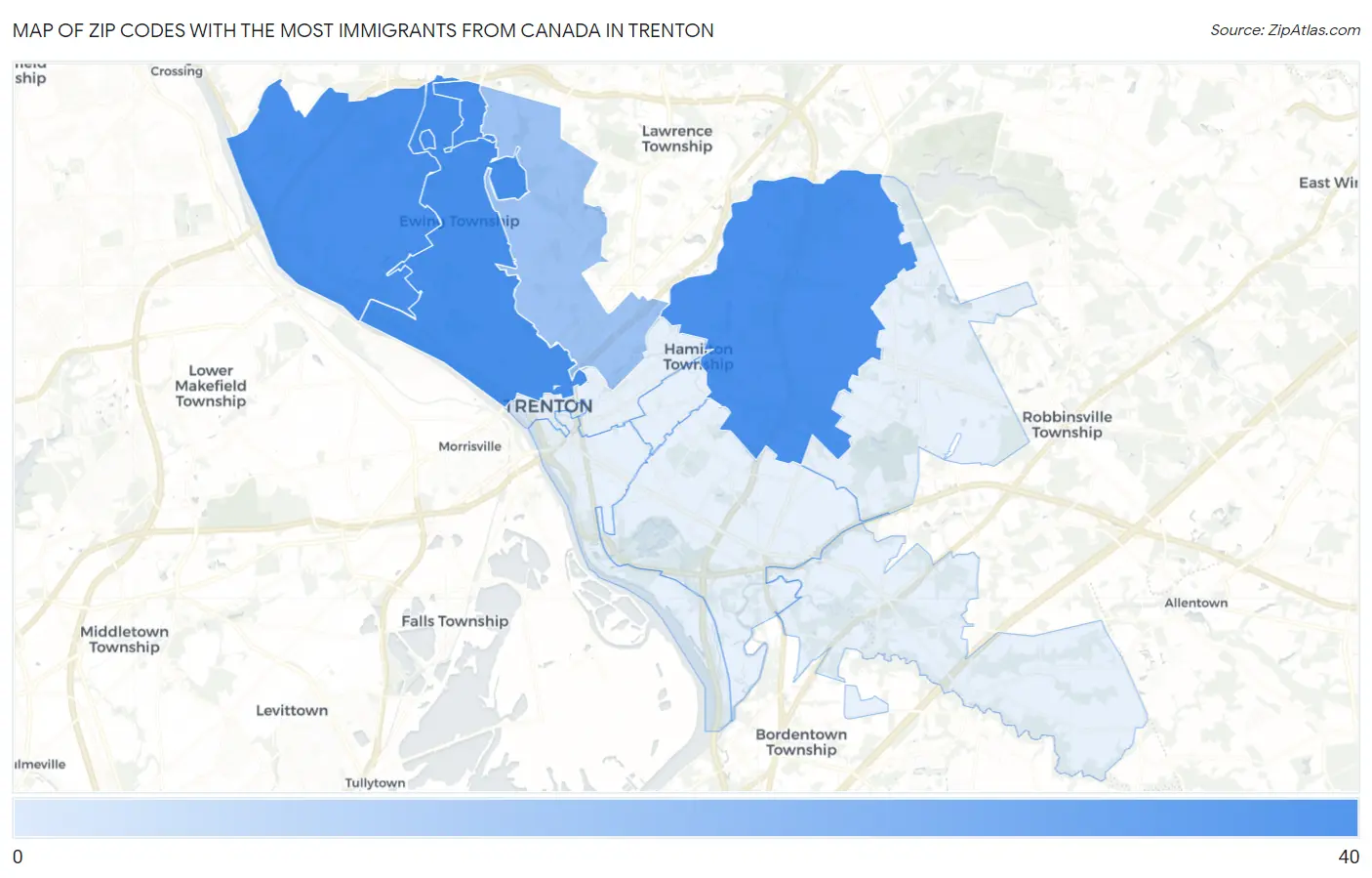 Zip Codes with the Most Immigrants from Canada in Trenton Map