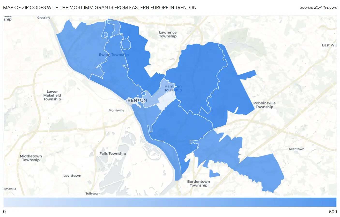 Zip Codes with the Most Immigrants from Eastern Europe in Trenton Map