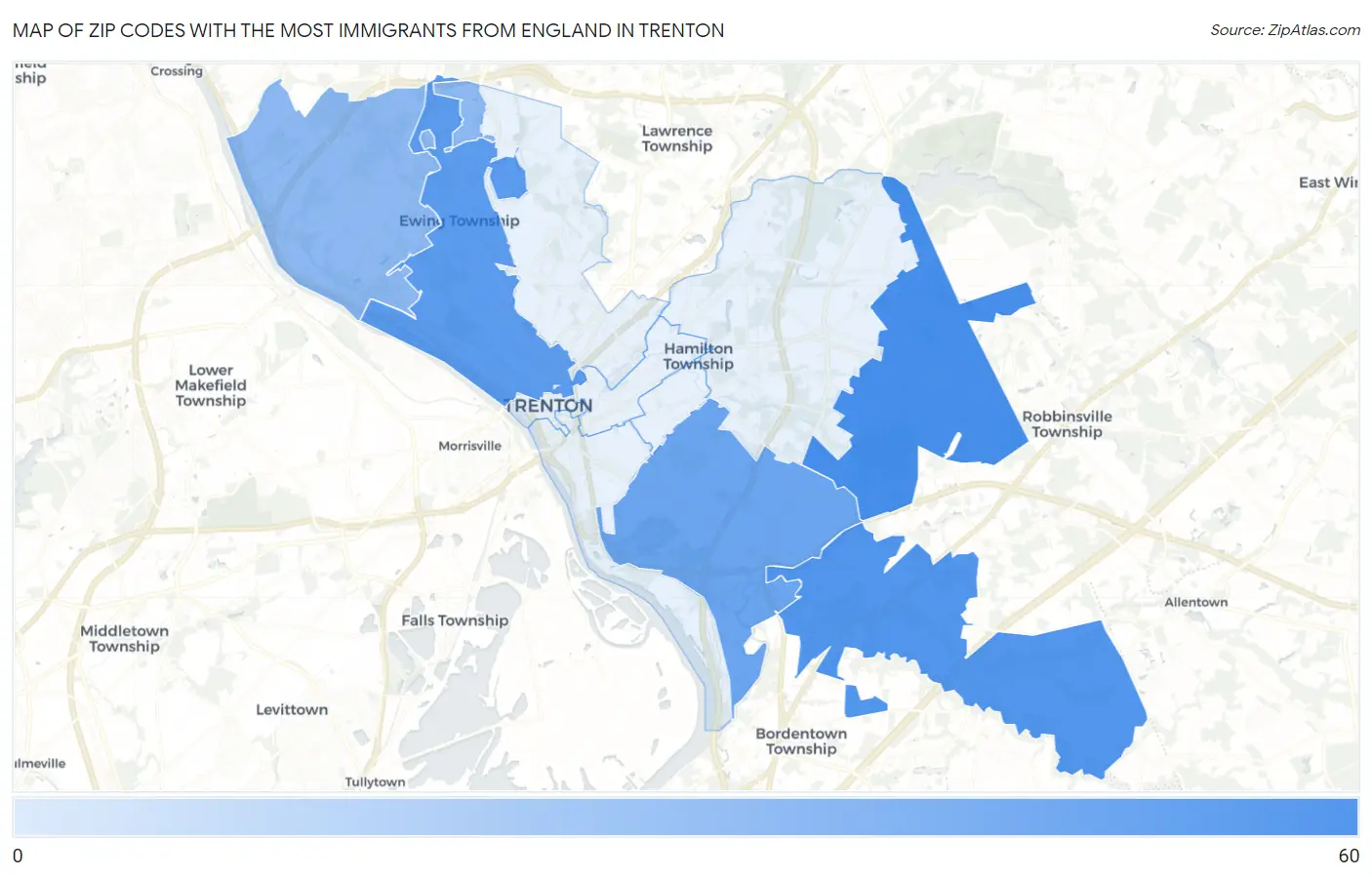 Zip Codes with the Most Immigrants from England in Trenton Map