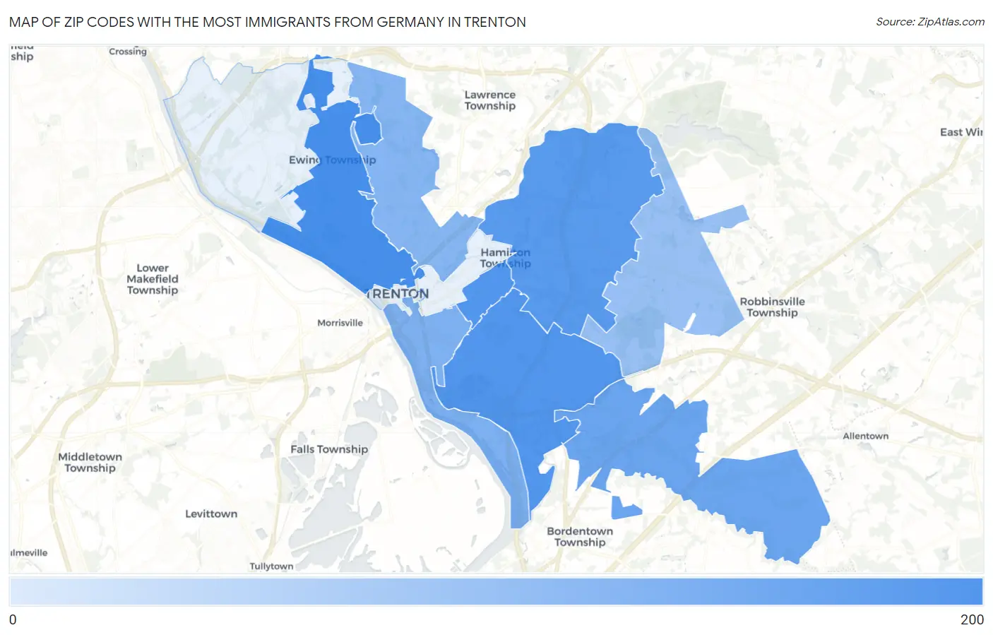 Zip Codes with the Most Immigrants from Germany in Trenton Map