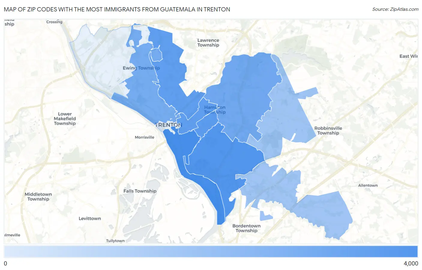 Zip Codes with the Most Immigrants from Guatemala in Trenton Map