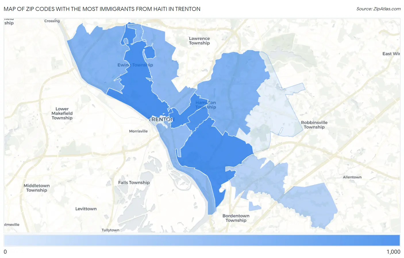 Zip Codes with the Most Immigrants from Haiti in Trenton Map
