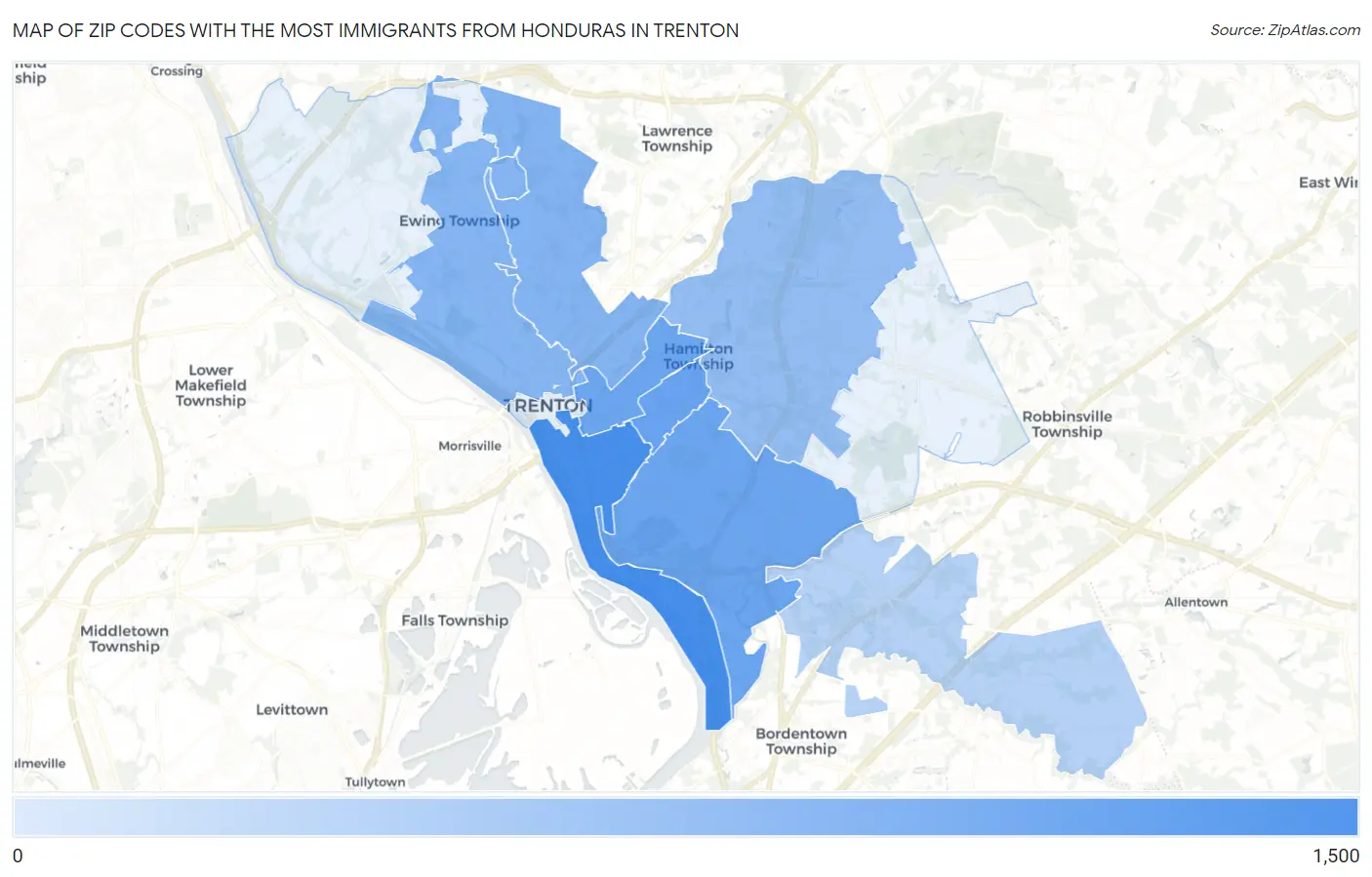 Zip Codes with the Most Immigrants from Honduras in Trenton Map